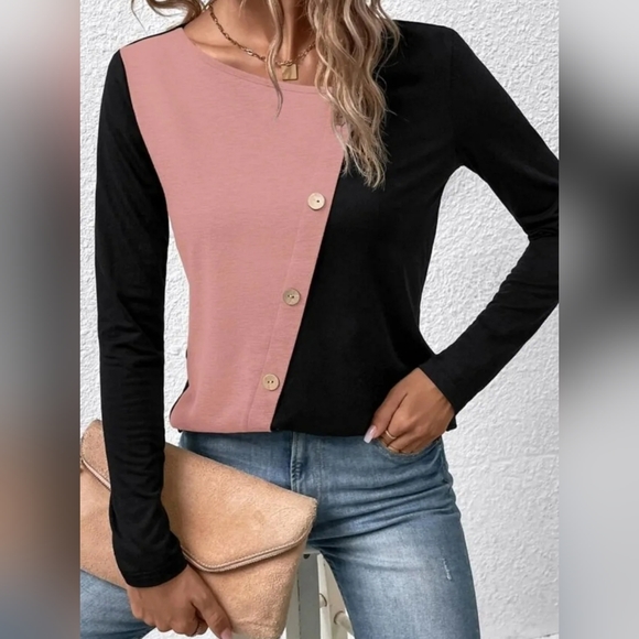 SHEIN Two Tone Button Detail Tee Size L UK 12 - Picture 4 of 6